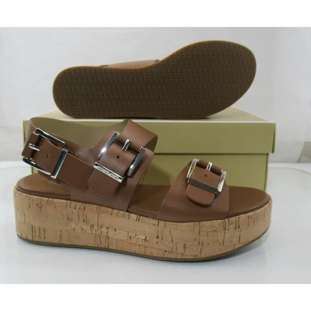 Michael Kors Colby Flatform Wedge Sandal Leather Luggage Light Brown
